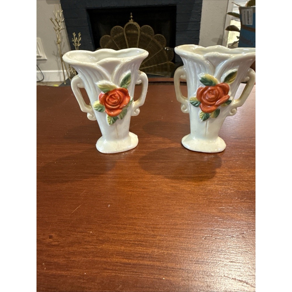 Vintage Floral Bud Vases, Coral Roses, Pair of Bud Vases Japan